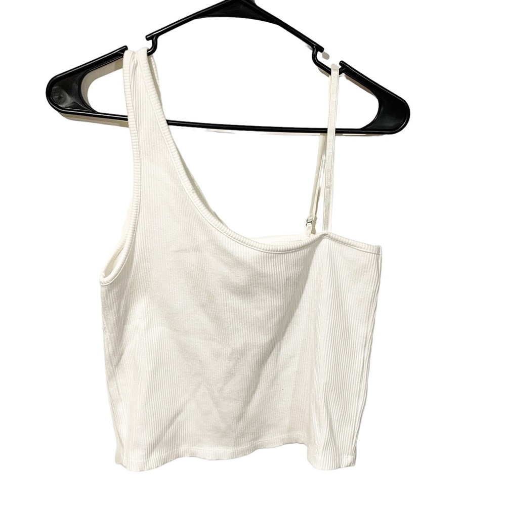 Zara Size‎ Large White Tank Spaghetti Strap Ribbed Tank Top Asymmetrical NEW